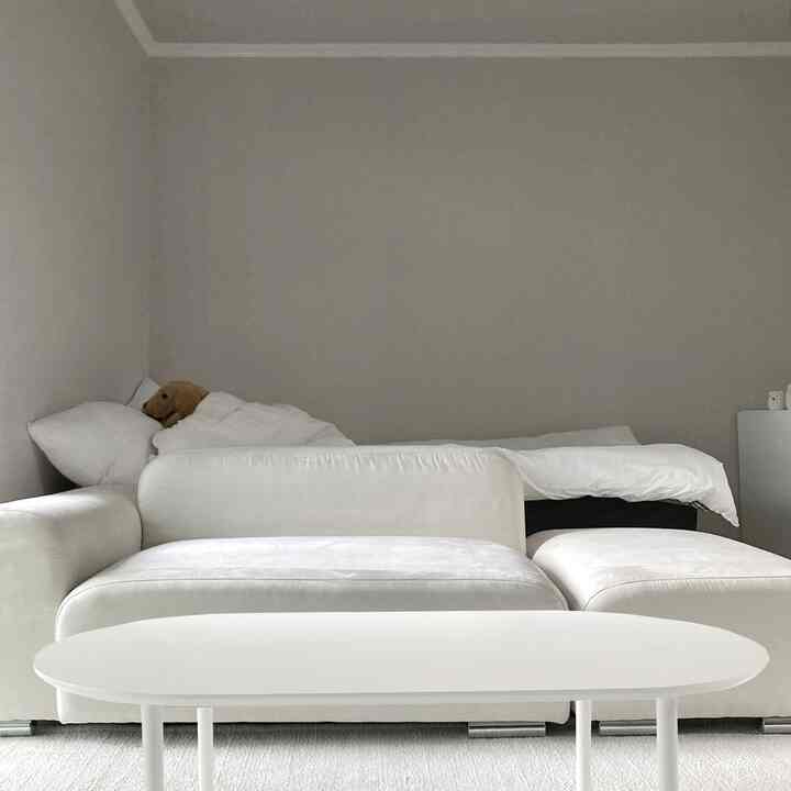 ナチュラルカラーのコンパクトな一人暮らし用リビング兼寝室、白いソファとベッドが配置されたモダンで落ち着いたインテリア