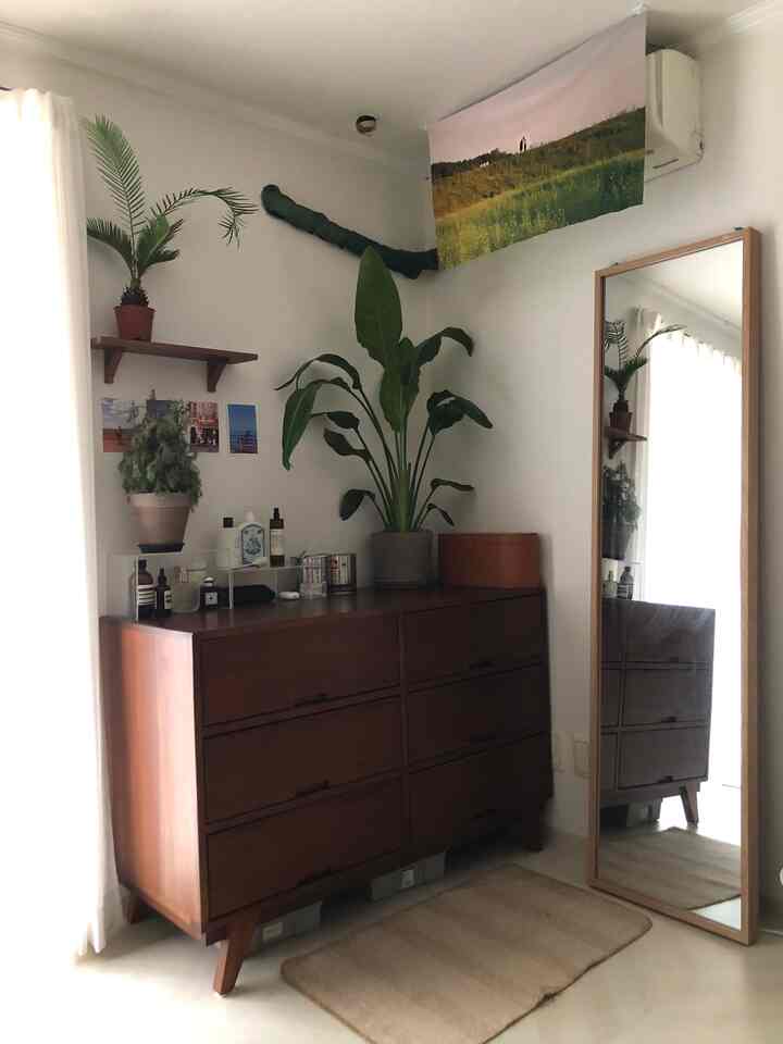 ホワイトとベージュの色調の狭い部屋に木製のチェスト、大きな植物、全身鏡が配置されたナチュラルな空間