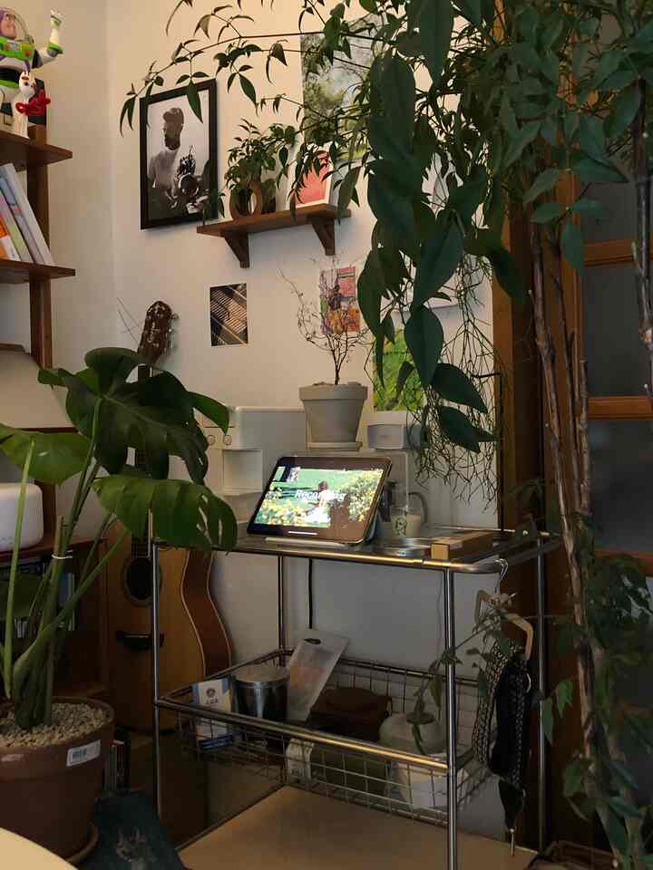 ホワイトとウッドトーンが調和した多目的収納棚と植物が配置された居心地の良いホームカフェ兼作業スペース