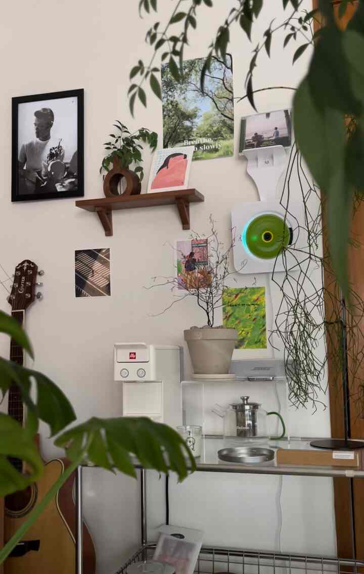 ナチュラルグリーンとヴィンテージの雰囲気があるキッチンの一角、音楽機器とコーヒーマシンが配置された温かみのある空間