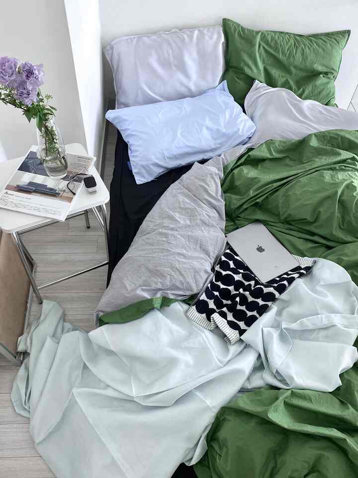 淡いグリーンとブルーのトーンの寝室、快適なベッドと枕が自然でモダンな雰囲気を醸し出すインテリア