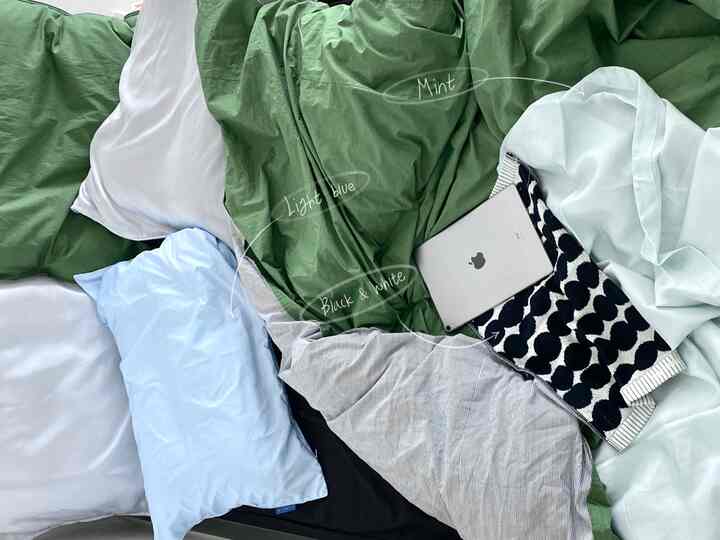 ミントとライトブルーのトーンの寝室、ブラックとシルバーの小物とともに居心地の良い雰囲気のインテリア