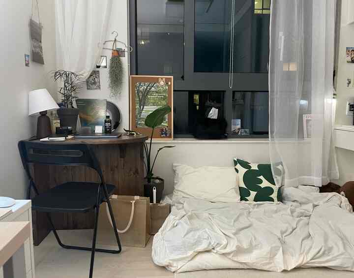 ナチュラルな色調の壁とカーテンがある一人暮らし用のホームオフィス兼寝室空間、デスクや植物、クッションが心地よさを演出