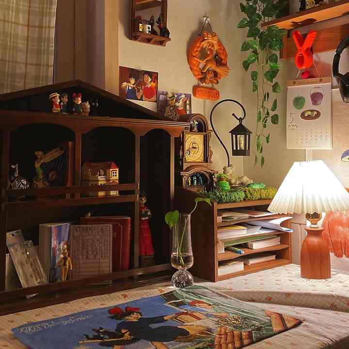 木目調のクラシックなデスクと多目的収納が配置された温かみのある小さな勉強スペース