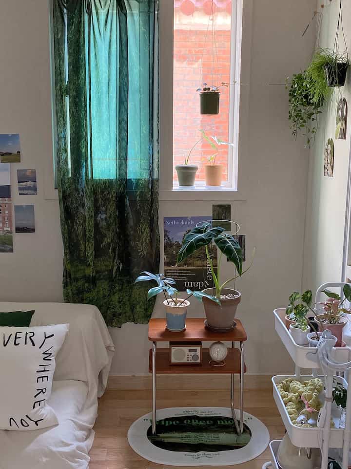 白と緑のトーンの寝室、窓辺に複数の植物が置かれたシンプルで自然な雰囲気のインテリア