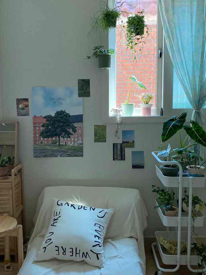 ナチュラルな色調の狭いワンルーム、ベランダの窓辺に植物とソファベッド、クッションが配置された雰囲気のある空間