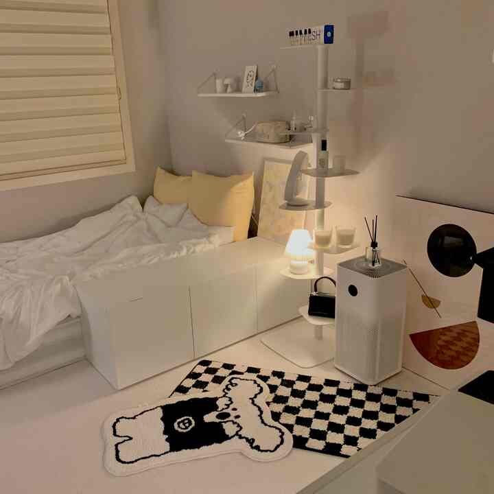 白と黒の調和が美しいコンパクトな寝室空間、棚とベッド、ラグが落ち着いた雰囲気を演出