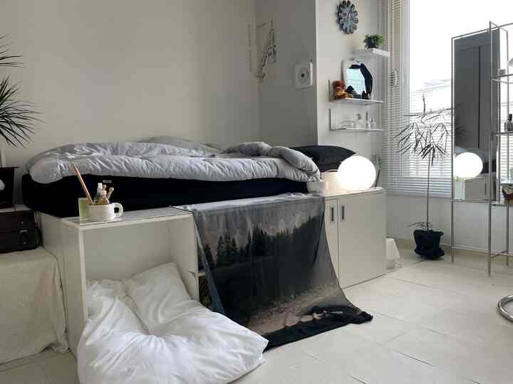 モノトーンとシルバーの調和がある寝室、ベッドを中心にした居心地の良い清潔感のある狭い部屋のインテリア