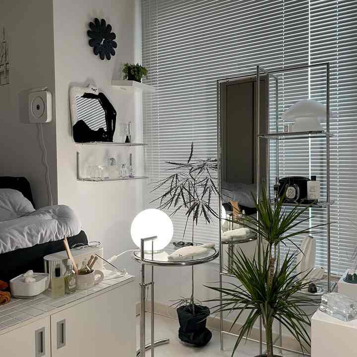 モノトーンとシルバーの色調が調和する狭い部屋、全身鏡とムードランプ、ブラインドの窓が配置されたすっきりとした空間