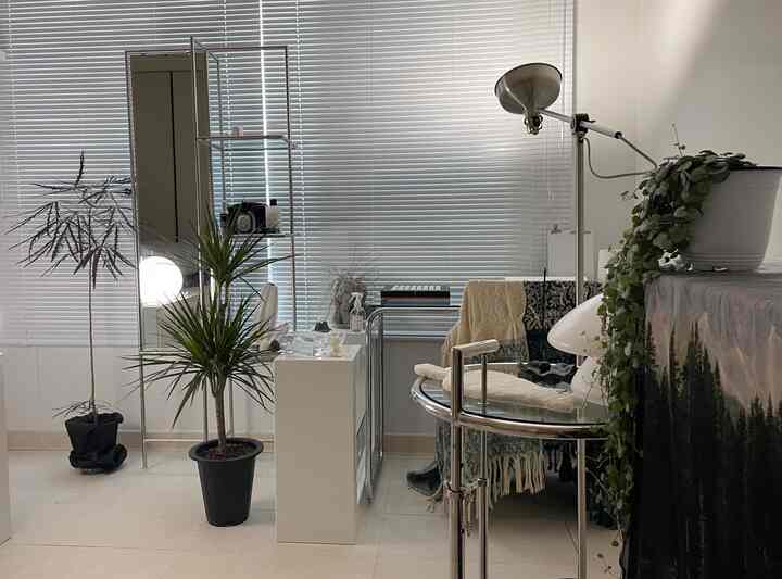 モノトーンとシルバーの金属が調和したリビング、大きなブラインドとフロアランプ、多様な植物が配置された落ち着いた空間