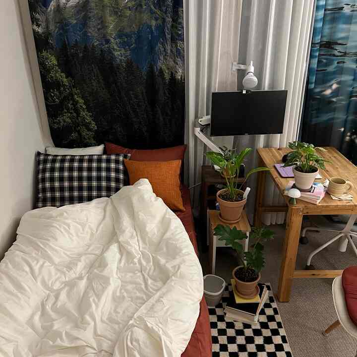 白い壁とベッド、ブラウンのデスクが配置された居心地の良い寝室、植物が自然の温かみを添える印象的な空間