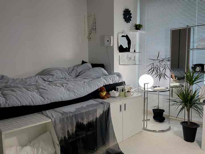 グレーを基調としたモノトーンの寝室、シルバーのクロム家具と観葉植物が配置された清潔感のあるインテリア