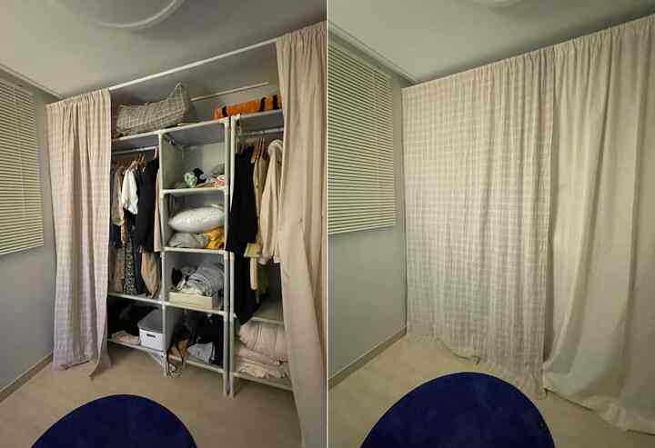 ベージュとナチュラルカラーの狭い部屋のウォークインクローゼット、多機能ハンガーとカーテンが配置された実用的な空間