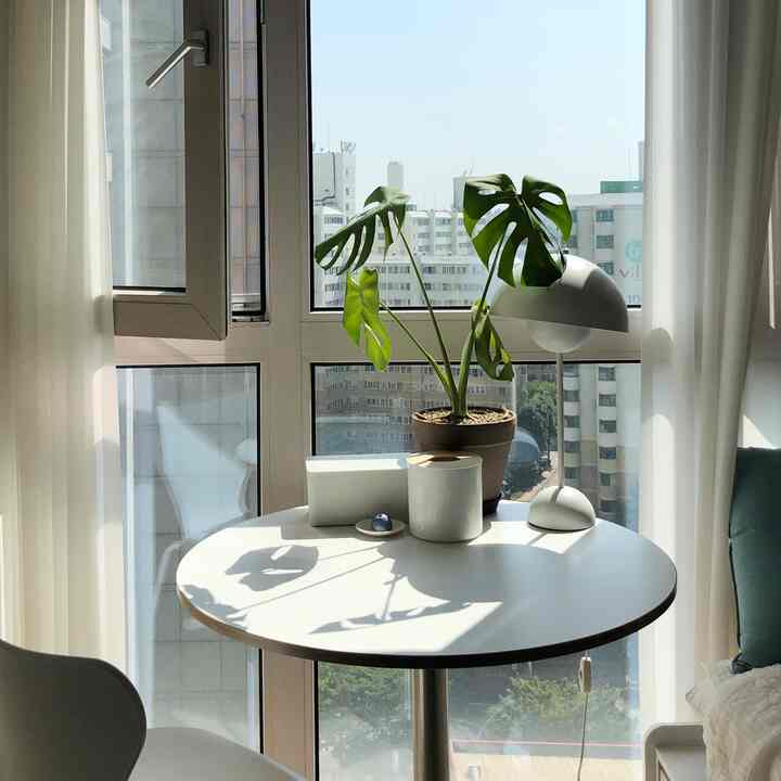 明るいホワイトトーンの寝室のコーナー、丸いシルバー脚のテーブルに植物とテーブルランプが配置された雰囲気のあるインテリア