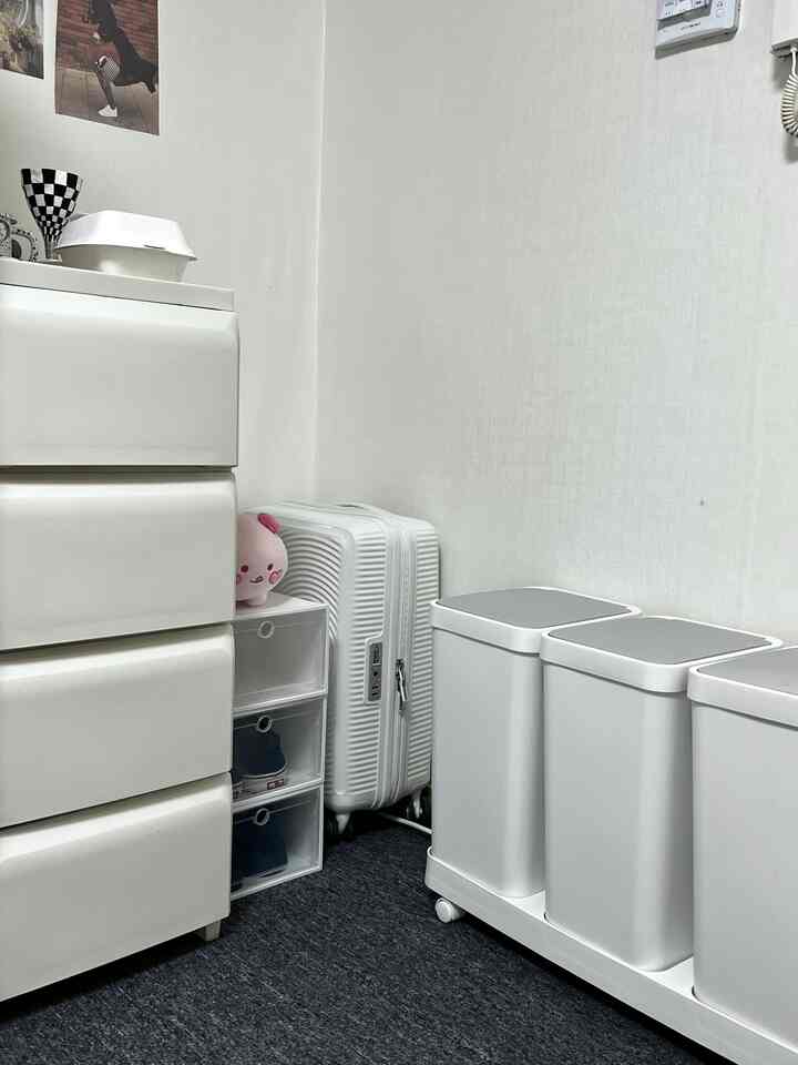 白を基調とした狭い空間に、シューズラック、キャリーケース、分別ゴミ箱が整頓された印象的なインテリア