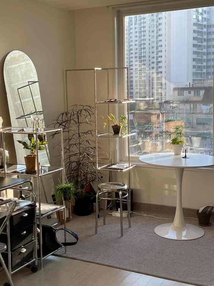 白とステンレスの家具が調和するリビング、アーチ型全身鏡とモジュール式シェルフ、植物が配されたシンプルモダンな空間