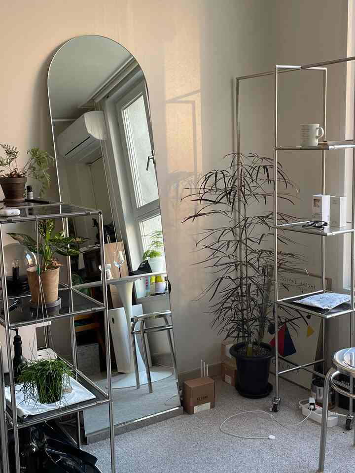 ベージュ調のコンパクトな部屋に金属製の棚、大きな姿見、複数の植物が調和したナチュラルなインテリア