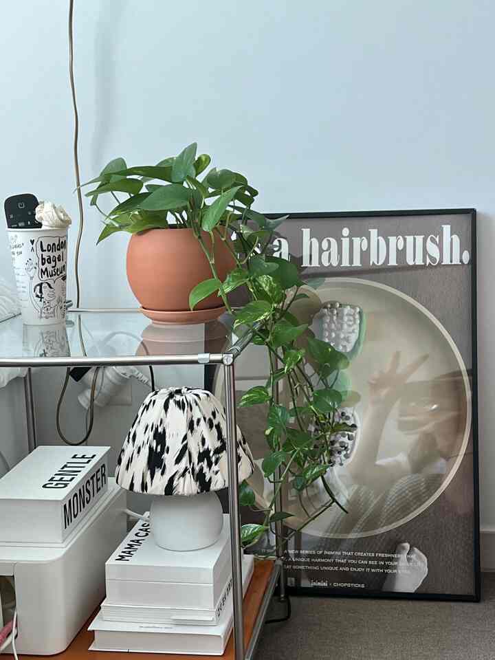 ホワイトとブラウンのトーンが調和するモダンな空間、サイドテーブルの観葉植物と額装アートが印象的な落ち着いたインテリア