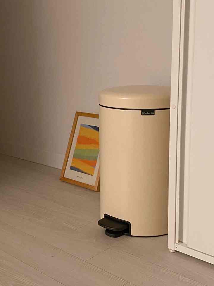 ベージュ色調のリビング、床に置かれたブラバンティアのゴミ箱と木製の額縁がある清潔感のあるインテリア