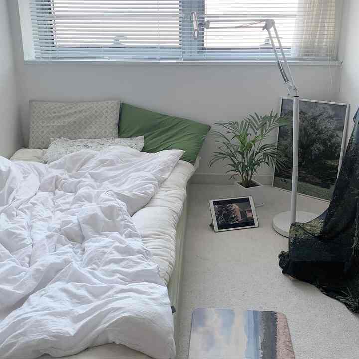 白と緑のトーンの寝室、縦に配置されたベッドと植物が置かれた落ち着いた空間