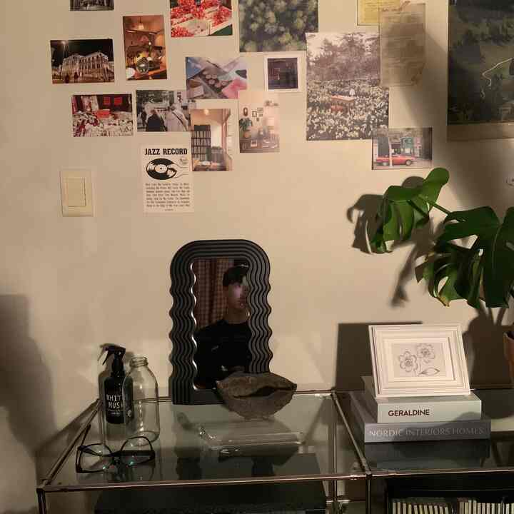 明るい白壁に黒の波型鏡、透明なモジュラーシェルフと緑の植物が配置されたシンプルで落ち着いたインテリア