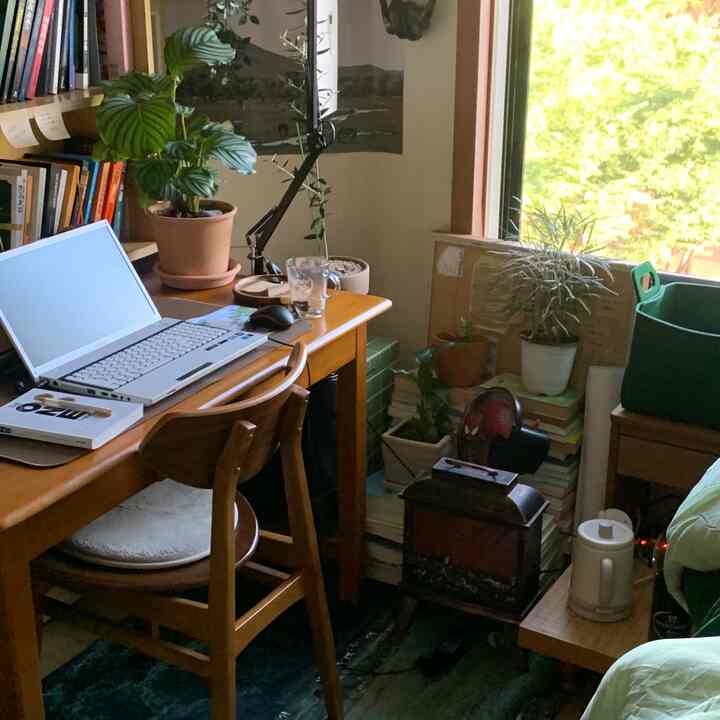 ナチュラルな木目調家具のデスクと植物が配置された、明るく居心地の良いホームオフィスのインテリア