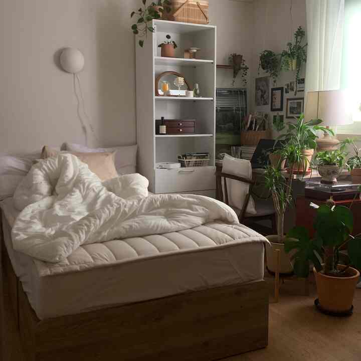 ナチュラルトーンの寝室、木製ベッドと白い棚、複数の植物が配置された温かみのある空間