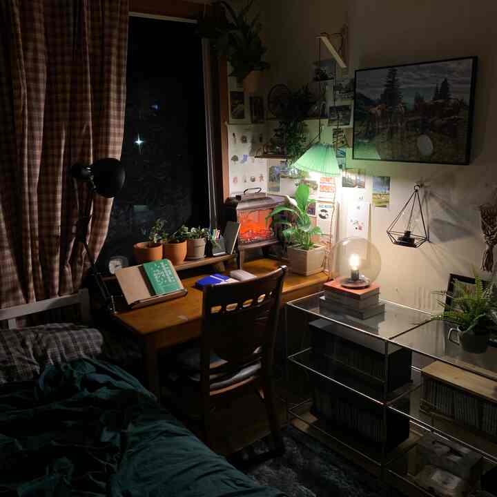 木目調とブラウンカラーが調和したワンルーム寝室兼ホームオフィス、デスクと植物、暖かな照明が印象的な空間