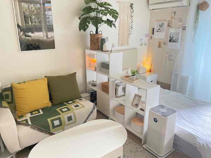 ホワイトと木目調が調和する一人暮らし向けの小さなリビング兼寝室、植物と本棚が配置された落ち着いたナチュラルモダンな空間