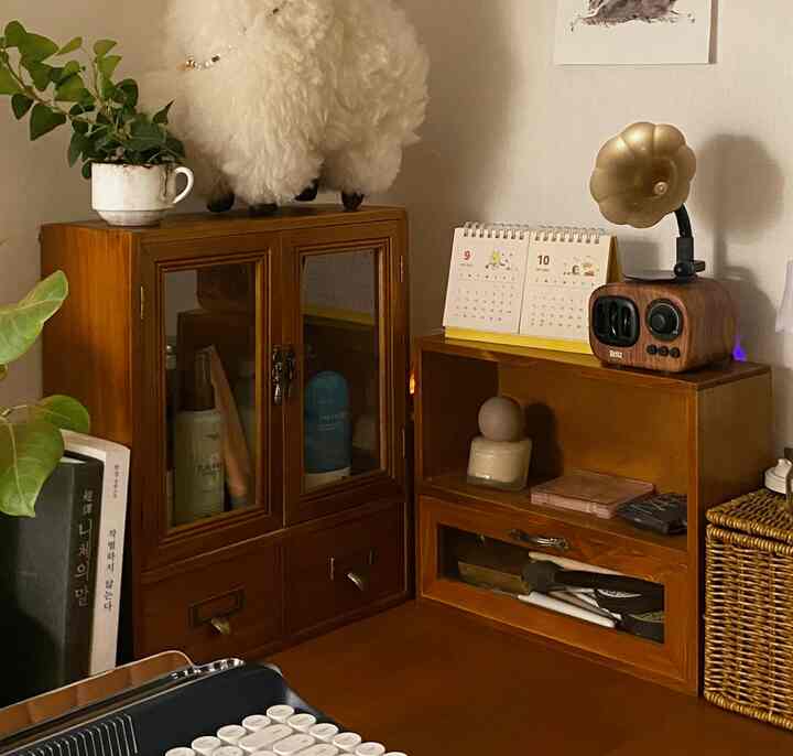 ベージュの壁と木目調のデスクがあるワンルームの化粧台兼用デスクスペース、アルパカのぬいぐるみとヴィンテージのブルートゥーススピーカーが配置された温かみのあるインテリア