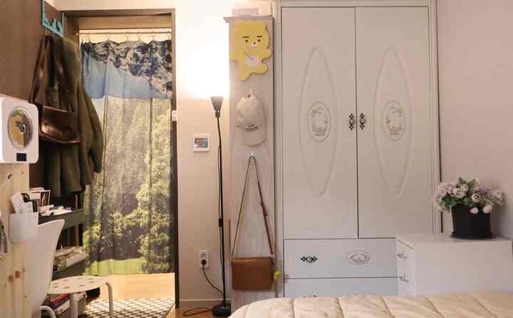 白い壁とクローゼットが配置されたワンルーム寝室、時計やカーテン、フロアランプが温かみのある雰囲気を演出する空間