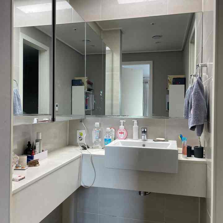 白とグレーのトーンのパウダールーム、鏡の収納と洗面台が配置された印象的な空間