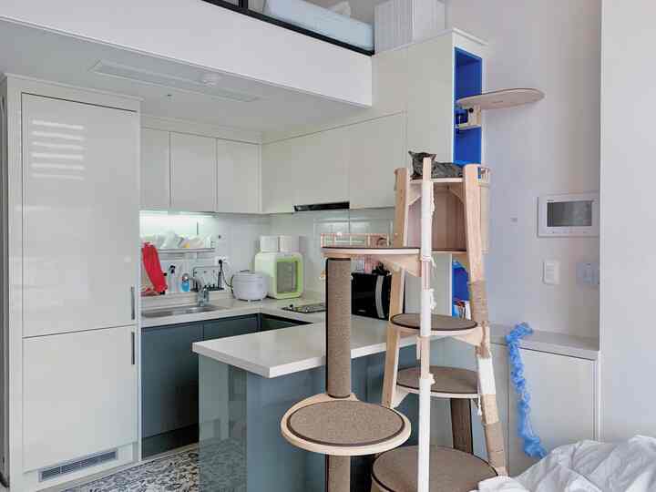 白とグレーのトーンのキッチン、右側にキャットタワーと猫が配置された雰囲気のある空間