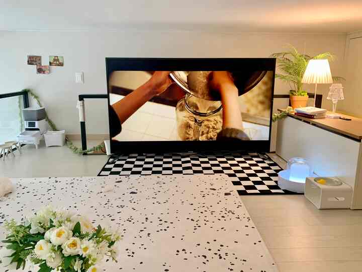 白と黒のトーンのロフトワンルーム、 大型テレビとチェッカーボードラグが配置された印象的な空間