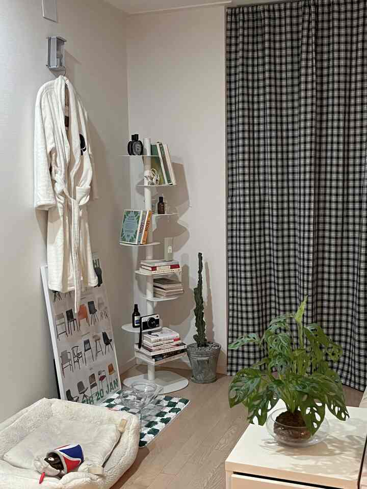 ホワイトトーンの壁とカーテンがある狭い部屋、コーナーに北欧風の本棚とペット用ベッドが配置された印象的な空間