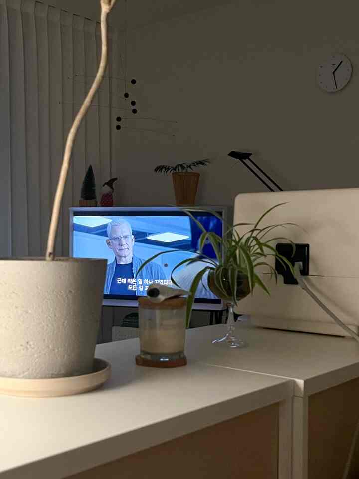 明るい白を基調としたリビング、テレビ台と植物、時計が配置されたモダンでシンプルなホームシネマのあるインテリア