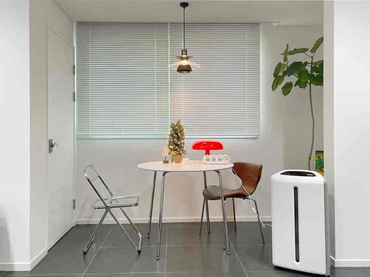 白い壁とブラインドがある狭い二人用ダイニングスペース、丸テーブルと茶色および透明の椅子、ペンダントライトと植物が配置されたミニマルでモダンなインテリア