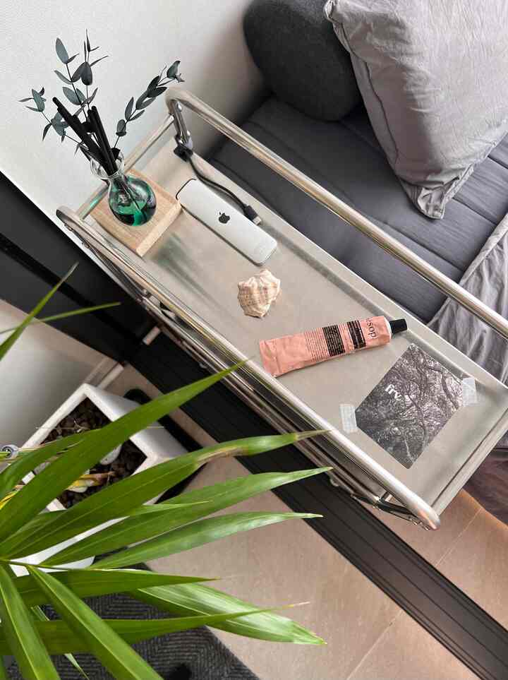 チャコール色調の寝室、ステンレス製3段トレイとソファが配置された清潔感のある実用的な収納アイデアのインテリア