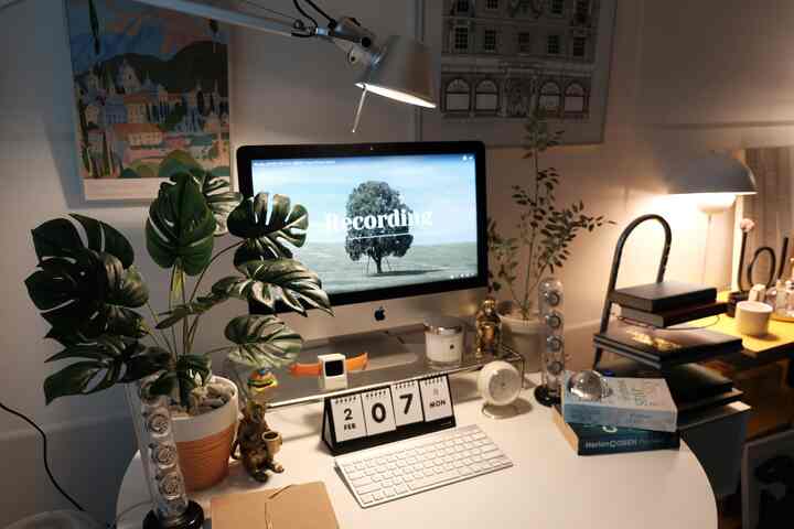 ナチュラルなトーンのホームオフィス、ホワイトデスクにモニターと大型観葉植物が配置された雰囲気のある作業空間