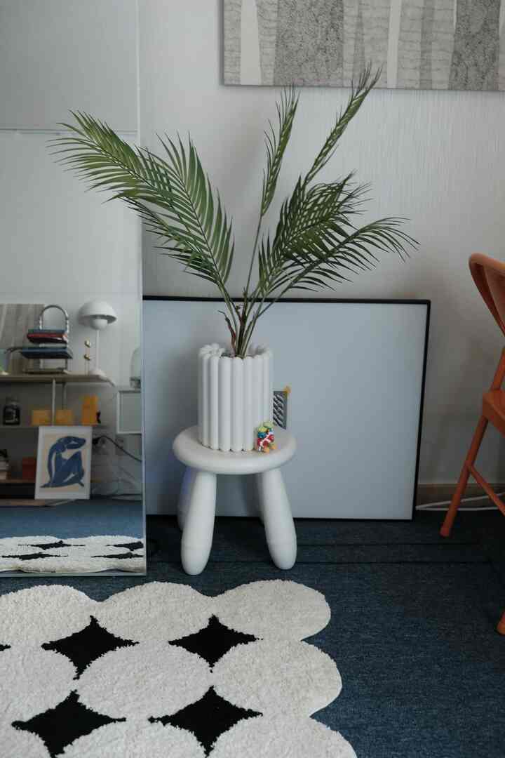 ホワイトとナチュラルカラーの空間、植木鉢を置いたスツールと大きな鏡が配置されたシンプルなインテリア