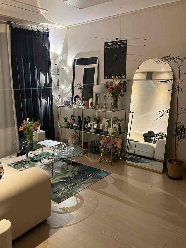 白と黒の調和が美しいモダンなリビング、シルバーメタルの棚やガラスのコーヒーテーブル、大きな全身鏡と植物が配置された印象的な空間。