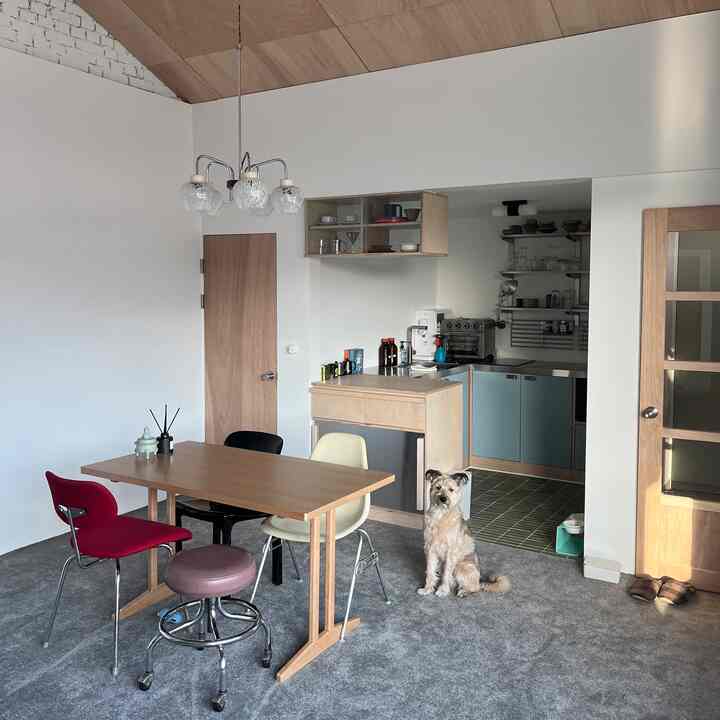 ナチュラルなブラウンとグレーの色調のキッチンとリビングが繋がる空間、ダイニングテーブルと椅子が配置され、犬が床に座っている雰囲気のあるインテリア