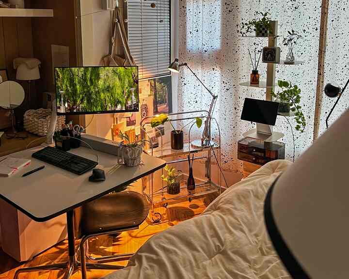 ホワイトと木目調が調和した6畳ワンルームのホームオフィス、ベッドと透明家具、植物が配置された温かみのあるインテリア