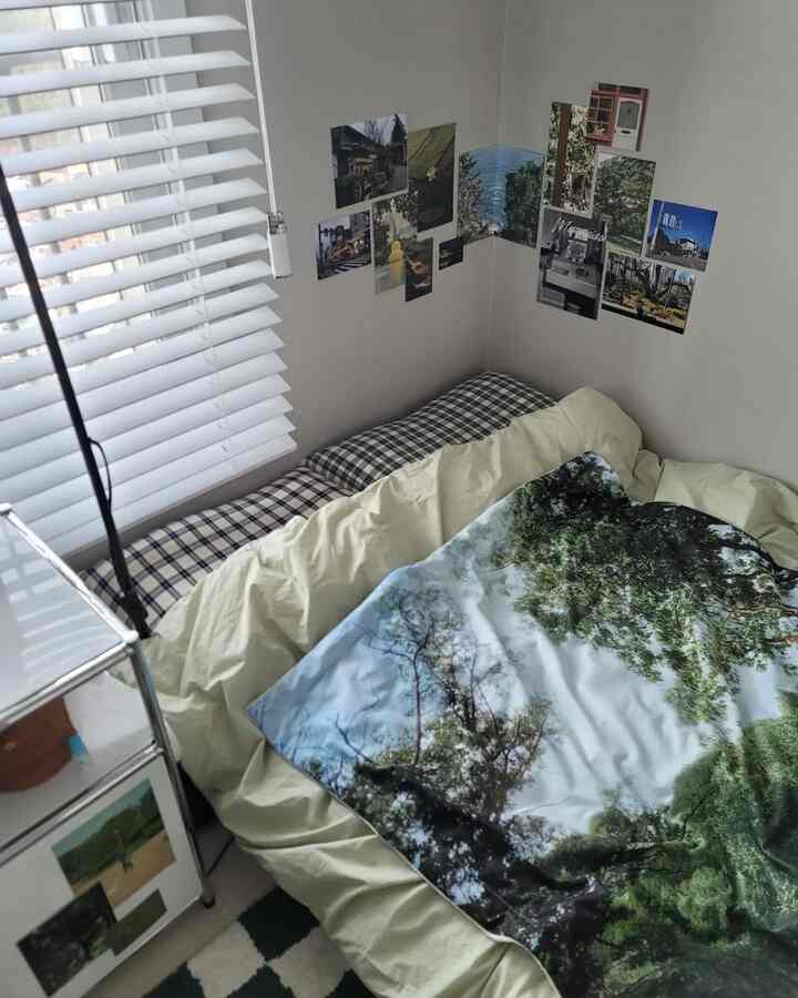 ナチュラルカラーの小さな寝室、チェック柄の枕、木製ブラインド、自然の写真プリントのスローが配置された落ち着いた空間