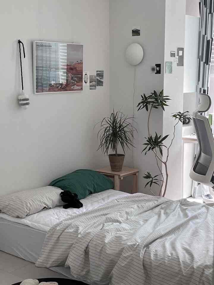 白い壁と寝具、緑のアクセント植物と枕が配置された寝室のインテリア