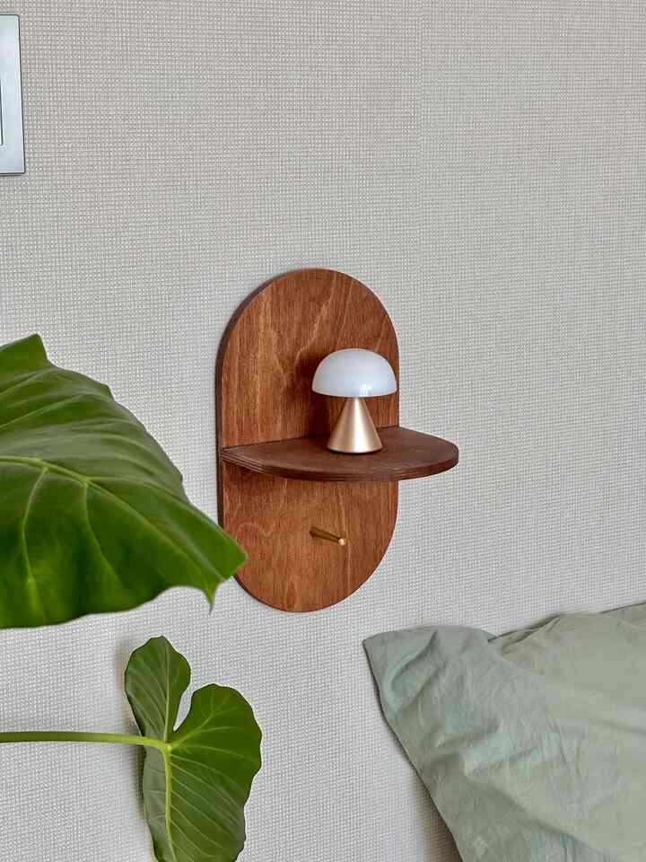 ナチュラルな色調のダイニングルームの壁に木製の棚とムードライト、大きな緑の葉の植物が配置された雰囲気のあるインテリア