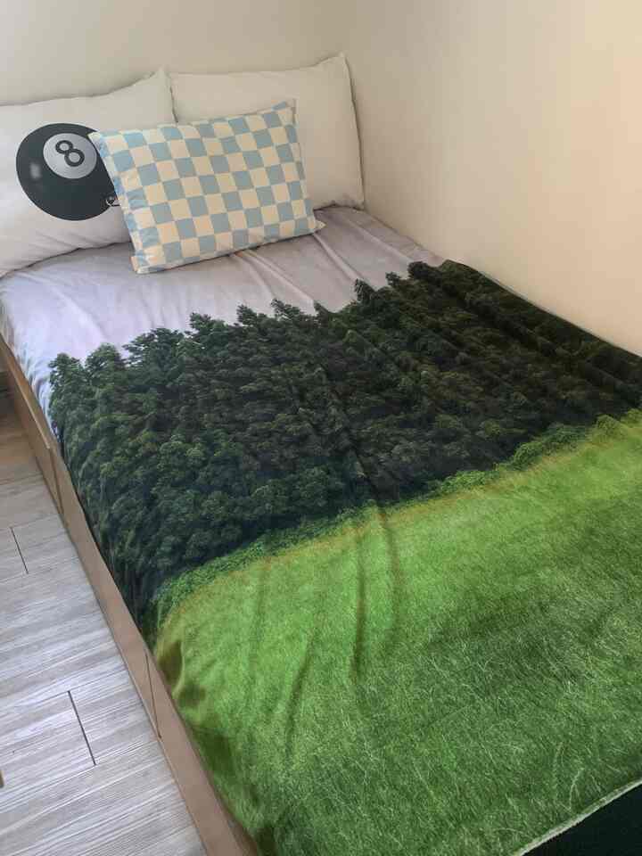 ナチュラルカラーのワンルーム寝室、ベッドに木と草のプリントブランケットと枕が配置されたシンプルな空間