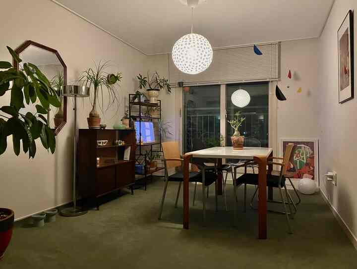 白い壁と緑のカーペットのダイニングルーム、木製のダイニングテーブルと椅子、植物、温かみのあるムードランプが配置された雰囲気のあるインテリア