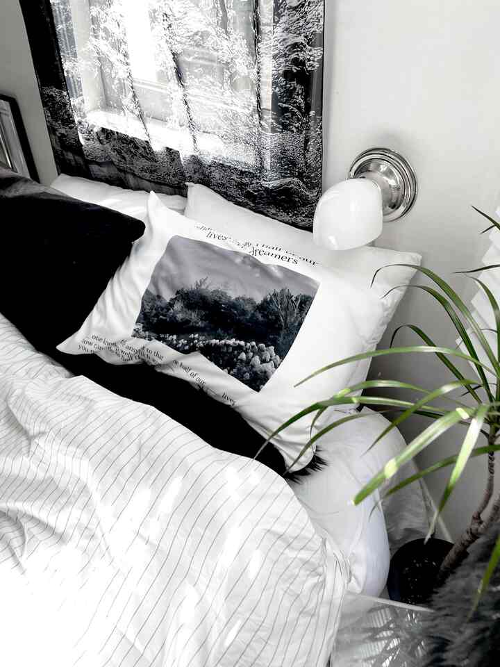 ホワイトとブラックのモノトーンの寝室、中央にベッドとストライプの寝具、壁に白いブラケットライトがあり、鉢植えの植物が落ち着いた空間を演出している