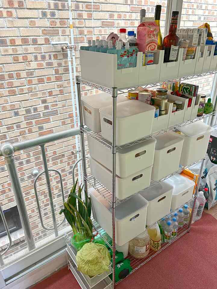 ピンクのカーペットが敷かれたベランダ、メタルラックに収納ボックスと食材が整然と並べられた印象的なパントリー空間